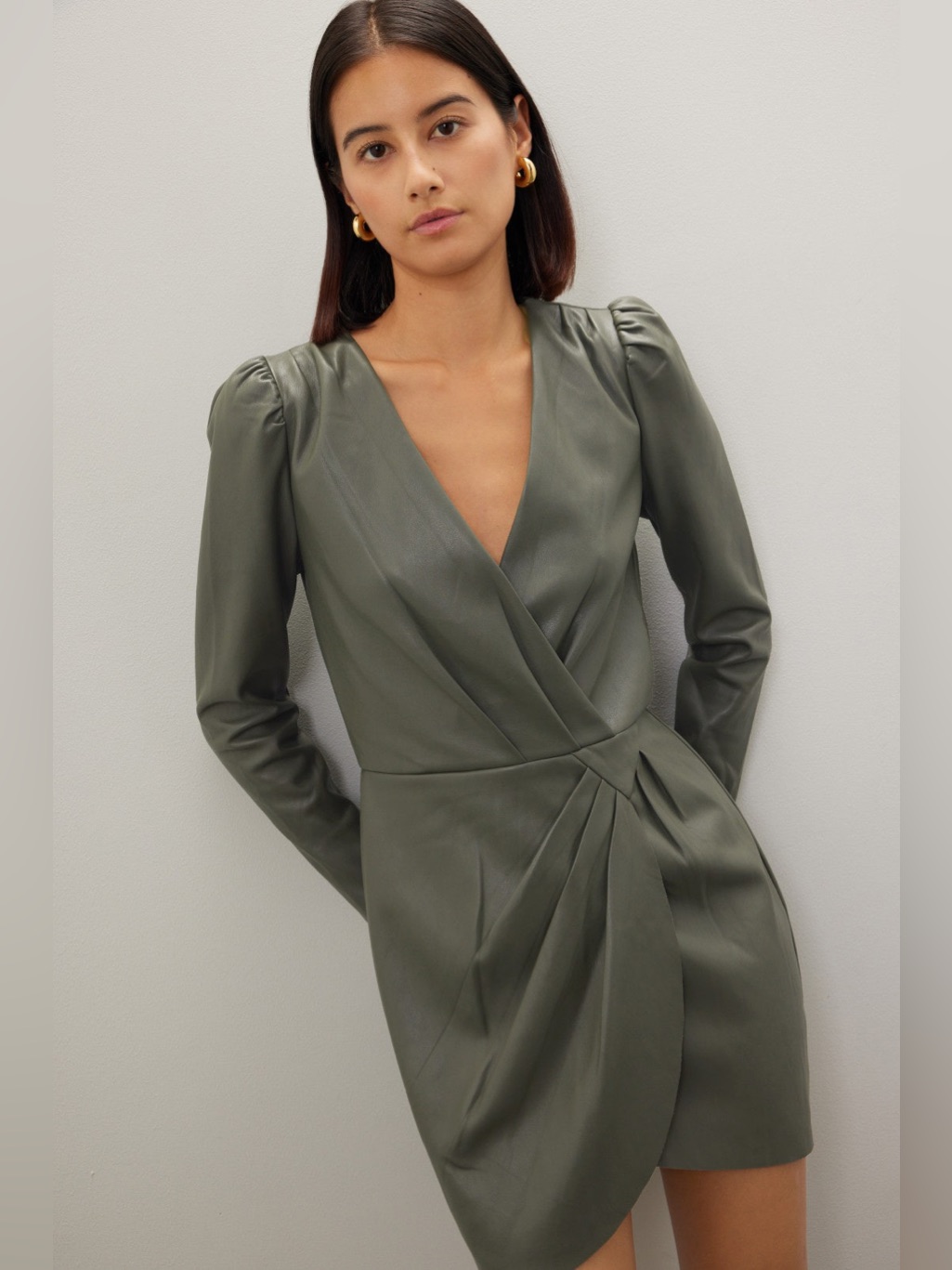 Olive Green Faux-Leather Wrap Mini Dress